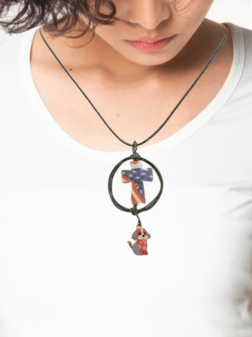 Patriotic Cross and Puppy Pendant Red, White & Blue w/ Cord Necklace